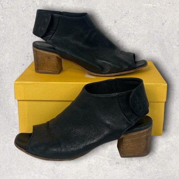 Mimosa Black Leather Peep Toe Ankle Boots Ankle Cut Out Booties Strap Block Heel - Picture 1 of 15